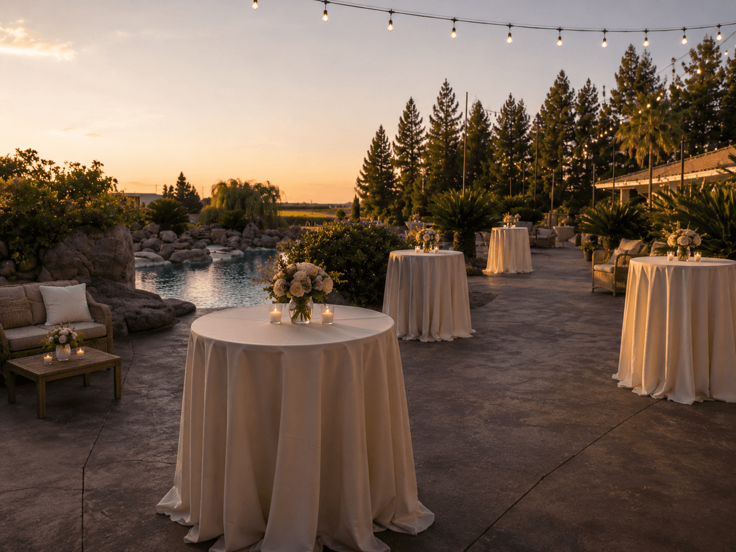 Cocktail tables dressed in linen with candles and roses on the pool terrace at sunset, string lights overhead and the pool, the willows and the open land beyond