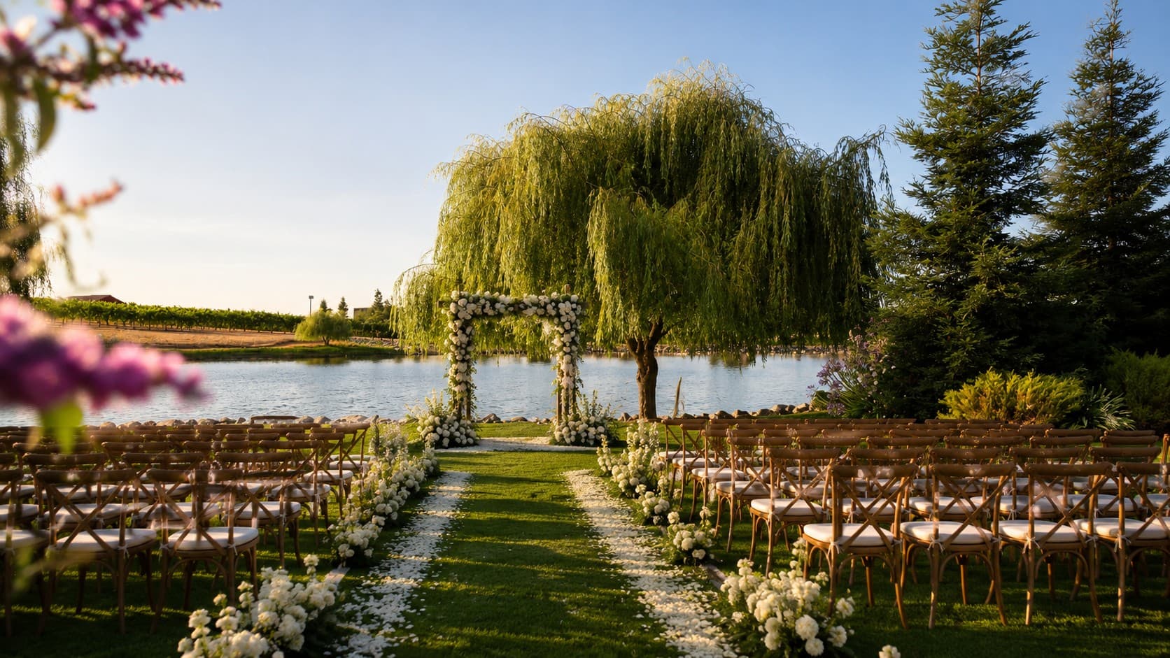 A wedding ceremony set at the edge of the private lake, a floral arch and cross-back chairs along a petal-lined aisle, the willow and vineyard beyond in golden light