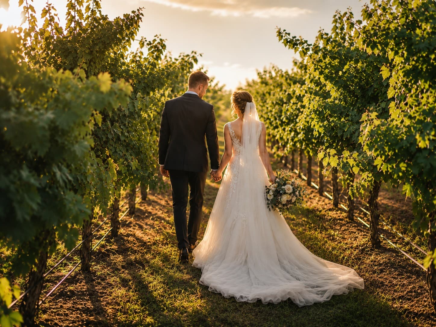 A couple in wedding attire walking hand in hand down a vineyard row in low golden light