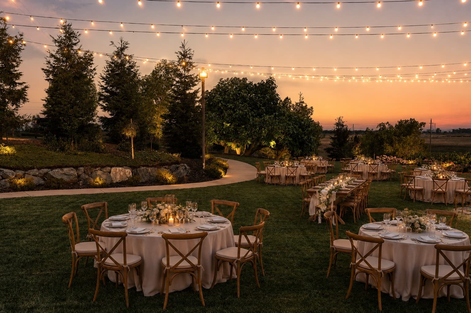 A reception set on the lawn at dusk, round and long tables under string lights, the open land beyond