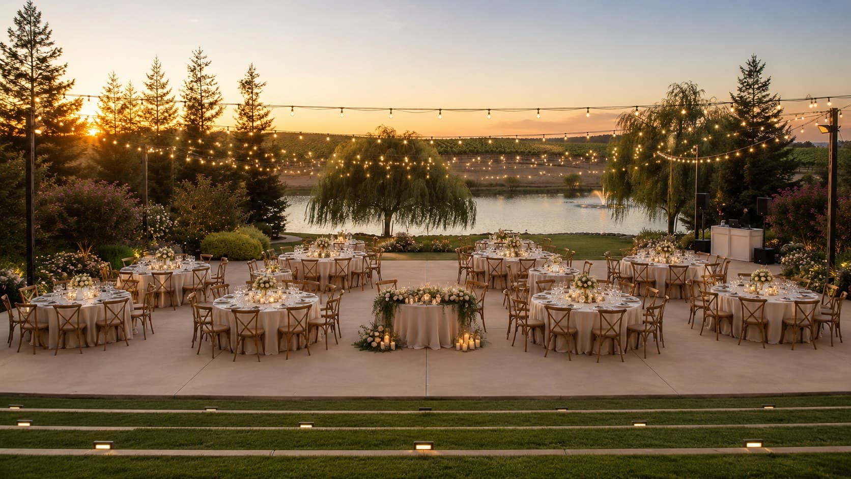 A seated dinner at sunset, round tables in linen and candlelight on the terrace beneath string lights, the willow and lake beyond